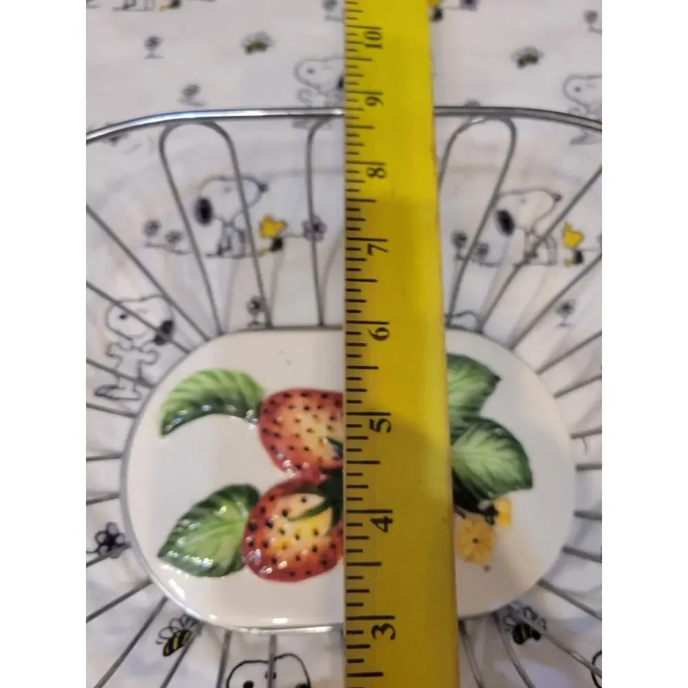Large Metal Wired Display Bowl With Ceramic Tile Center Strawberries & Blossoms